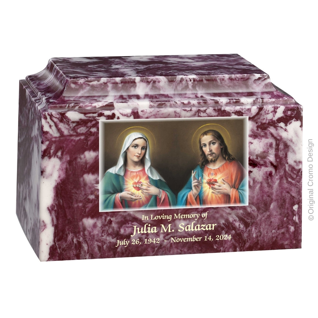 Catholic cremation urn with Twin Hearts Wood finish by Cromo NB