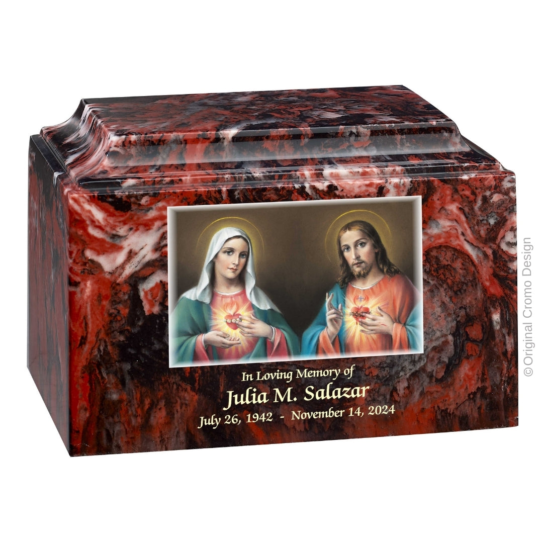 Catholic cremation urn with Twin Hearts Wood finish by Cromo NB