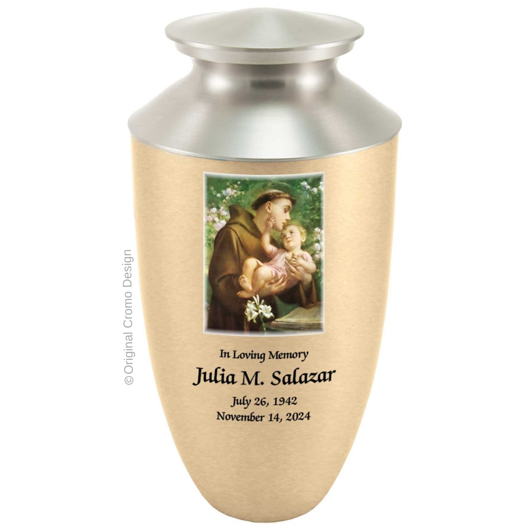 Catholic cremation urn with Saint Anthony Bronze finish by Cromo NB