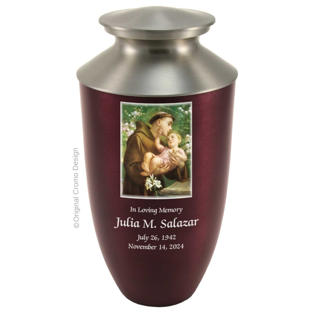 Catholic cremation urn with Saint Anthony Burgundy finish by Cromo NB