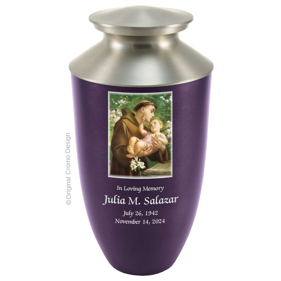 Catholic cremation urn with Saint Anthony Purple finish by Cromo NB
