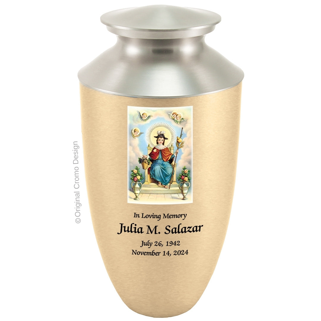 Catholic cremation urn with Child of Atocha Wood finish by Cromo NB