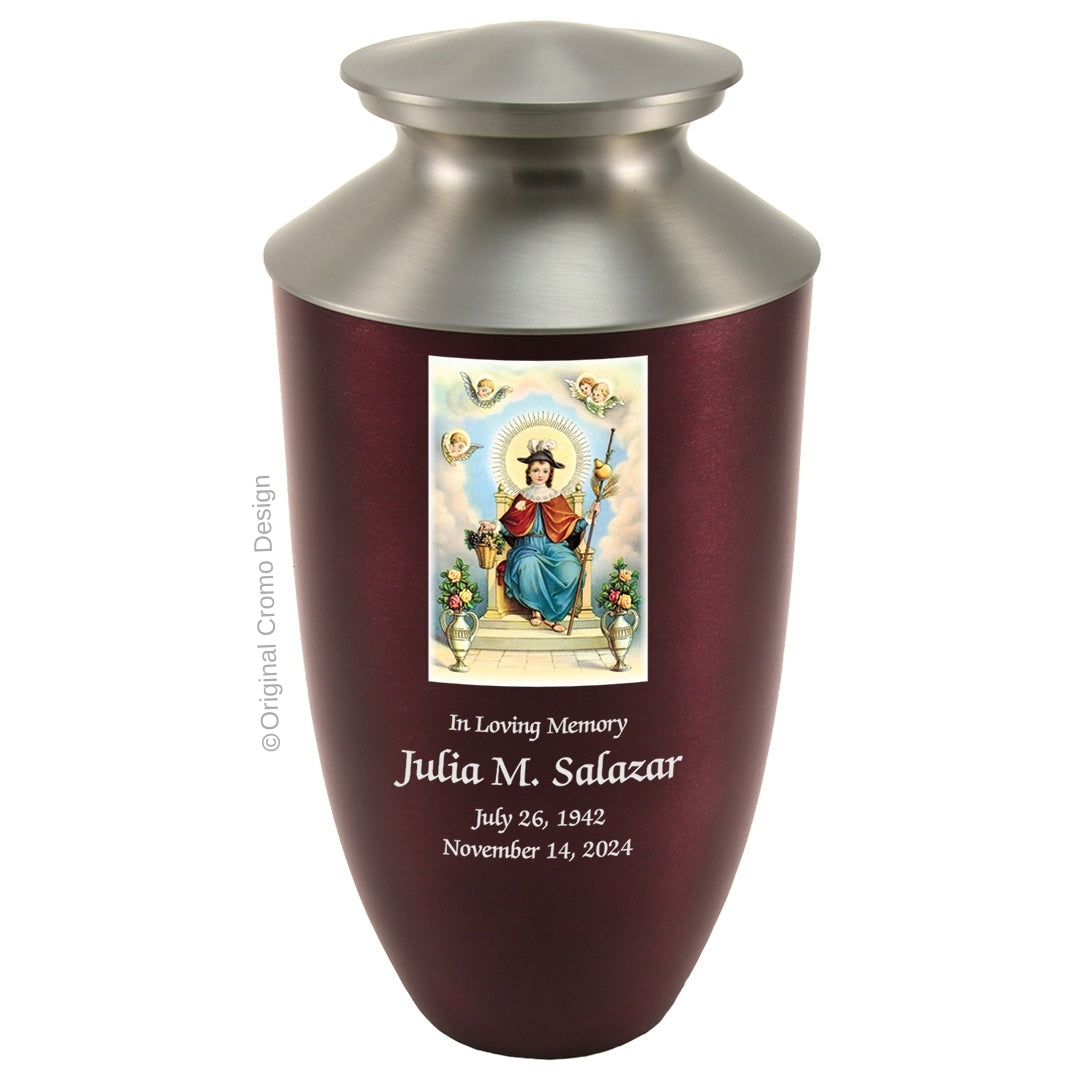 Catholic cremation urn with Child of Atocha Wood finish by Cromo NB