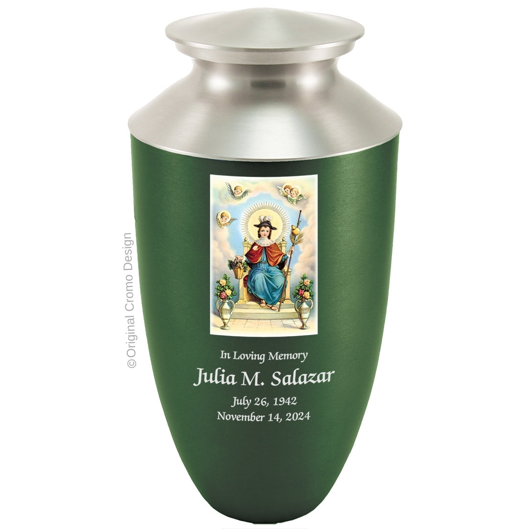 Catholic cremation urn with Child of Atocha Wood finish by Cromo NB