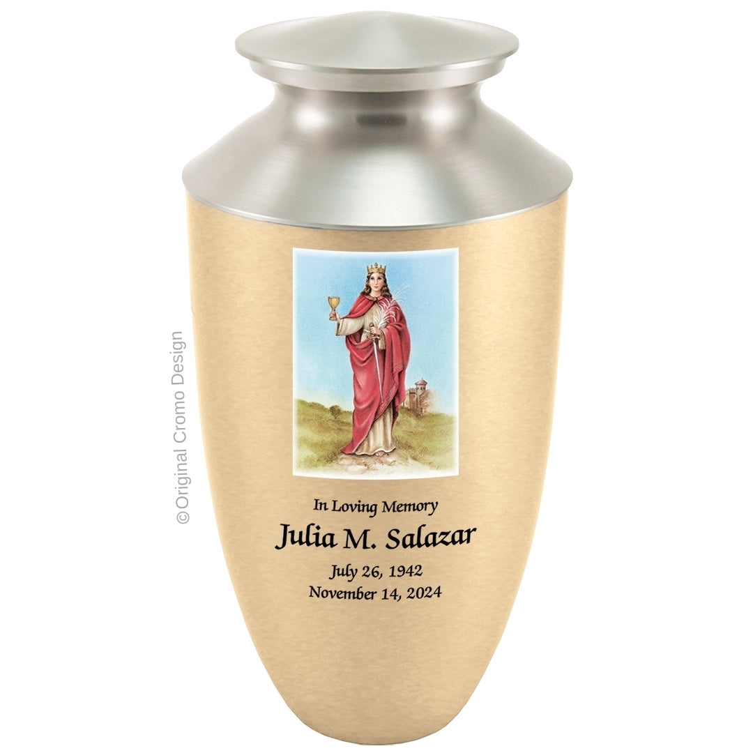 Catholic cremation urn with Our Lady of Santa Barbara Wood finish by Cromo NB