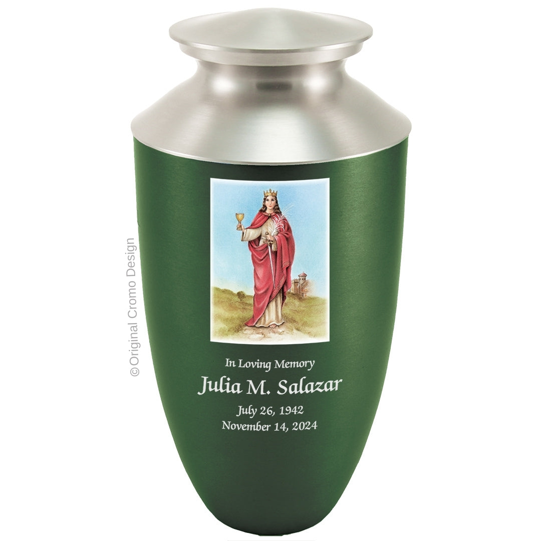 Catholic cremation urn with Our Lady of Santa Barbara Wood finish by Cromo NB