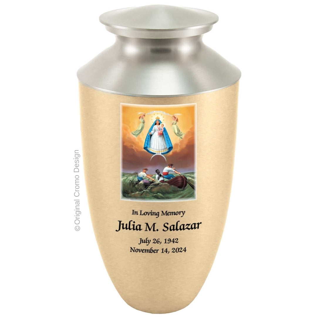 Catholic cremation urn with Our Lady of Charity Wood finish by Cromo NB