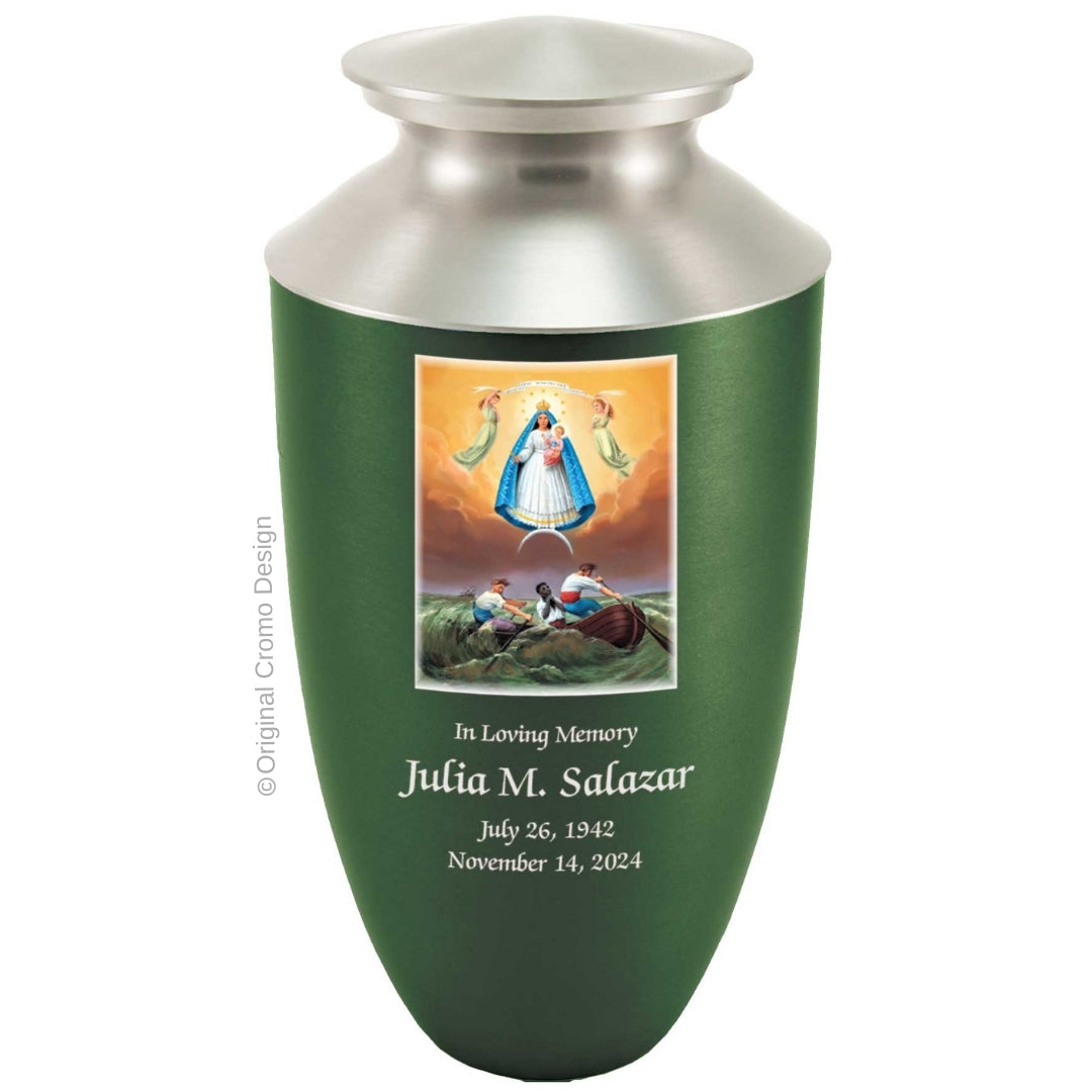 Catholic cremation urn with Our Lady of Charity Wood finish by Cromo NB