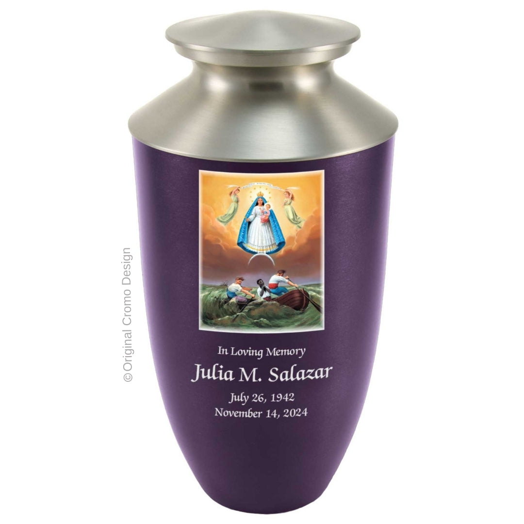 Catholic cremation urn with Our Lady of Charity Wood finish by Cromo NB