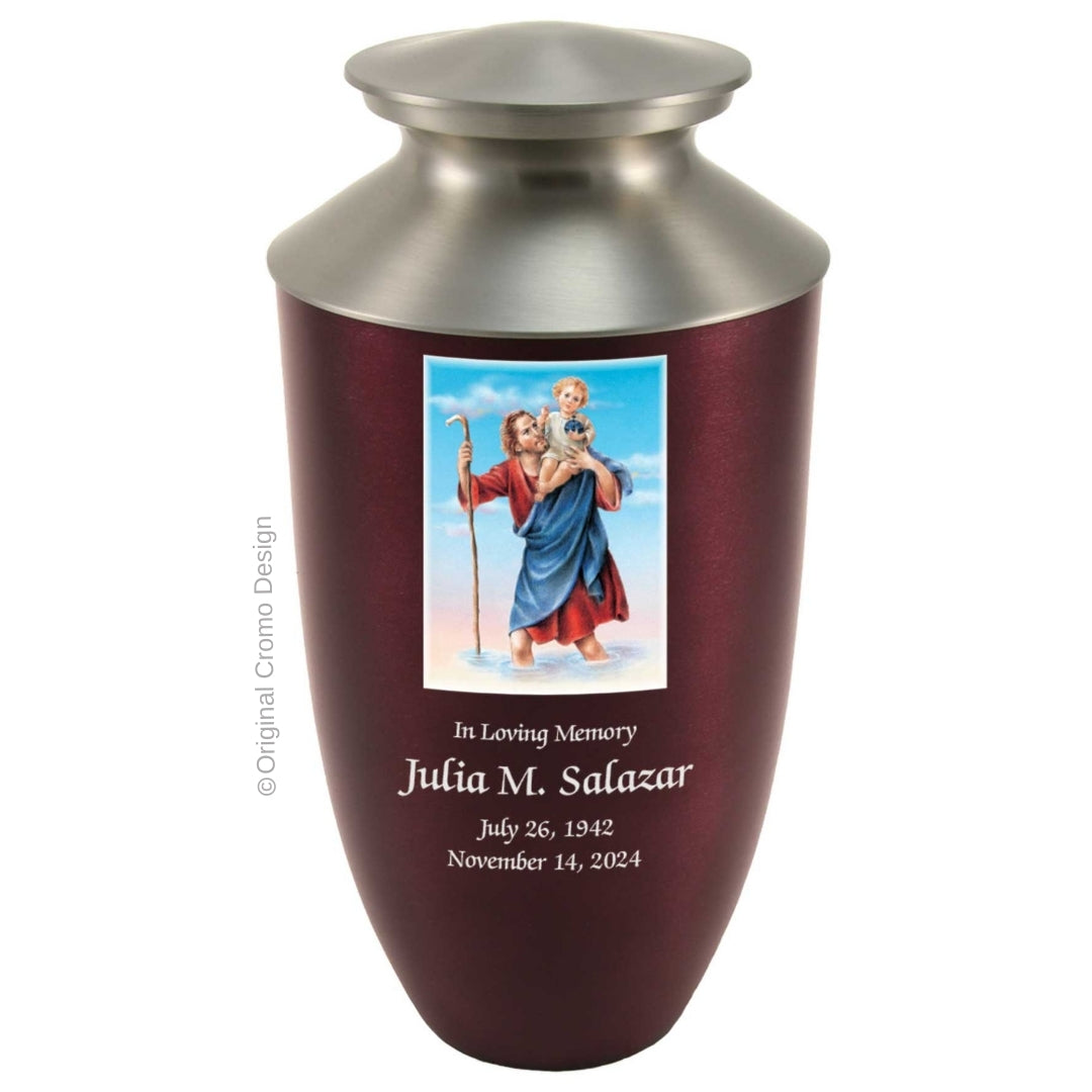 Catholic cremation urn with Saint Christopher Wood finish by Cromo NB