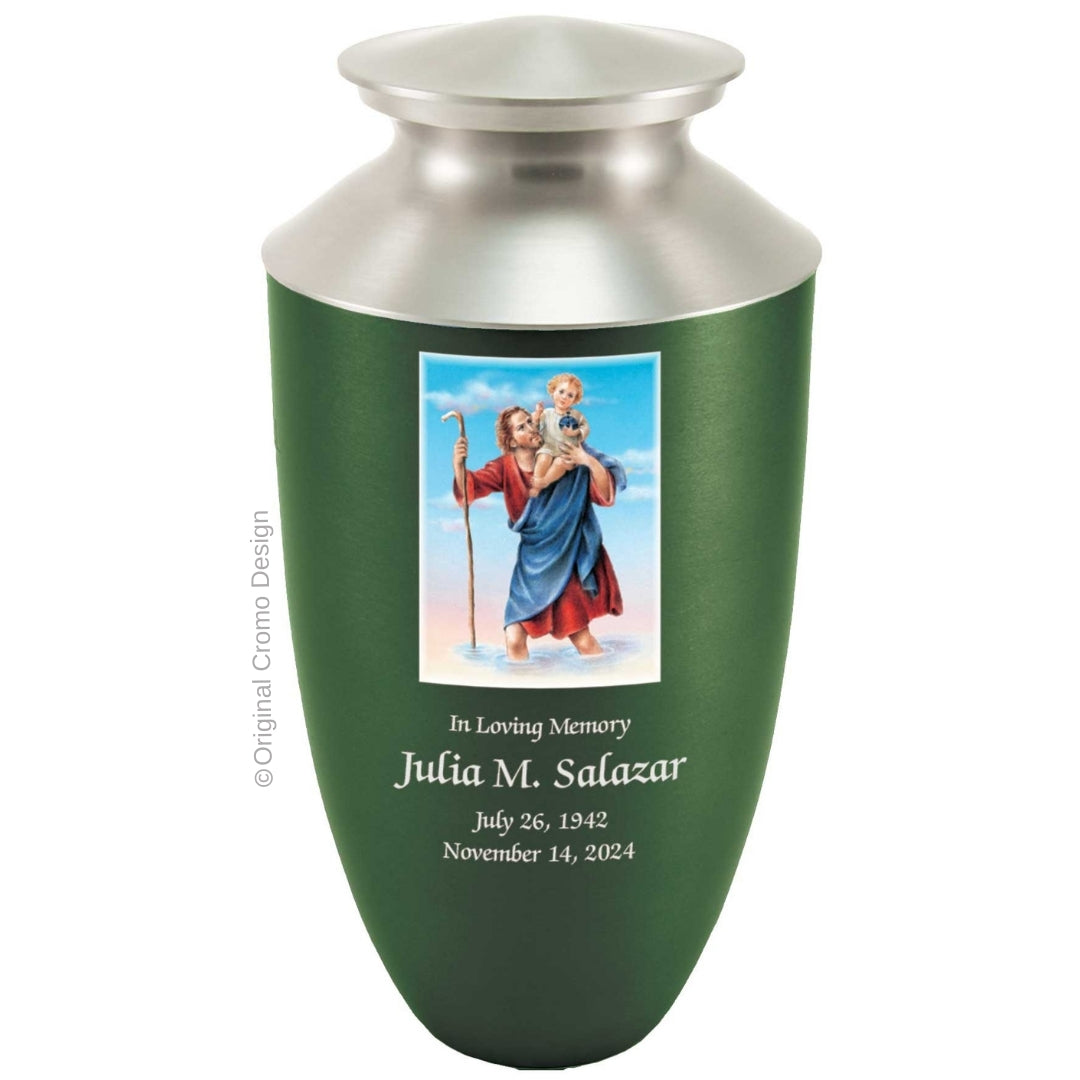Catholic cremation urn with Saint Christopher Wood finish by Cromo NB