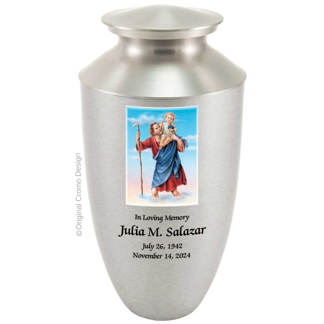 Catholic cremation urn with Our Lady of Charity Wood finish by Cromo NB