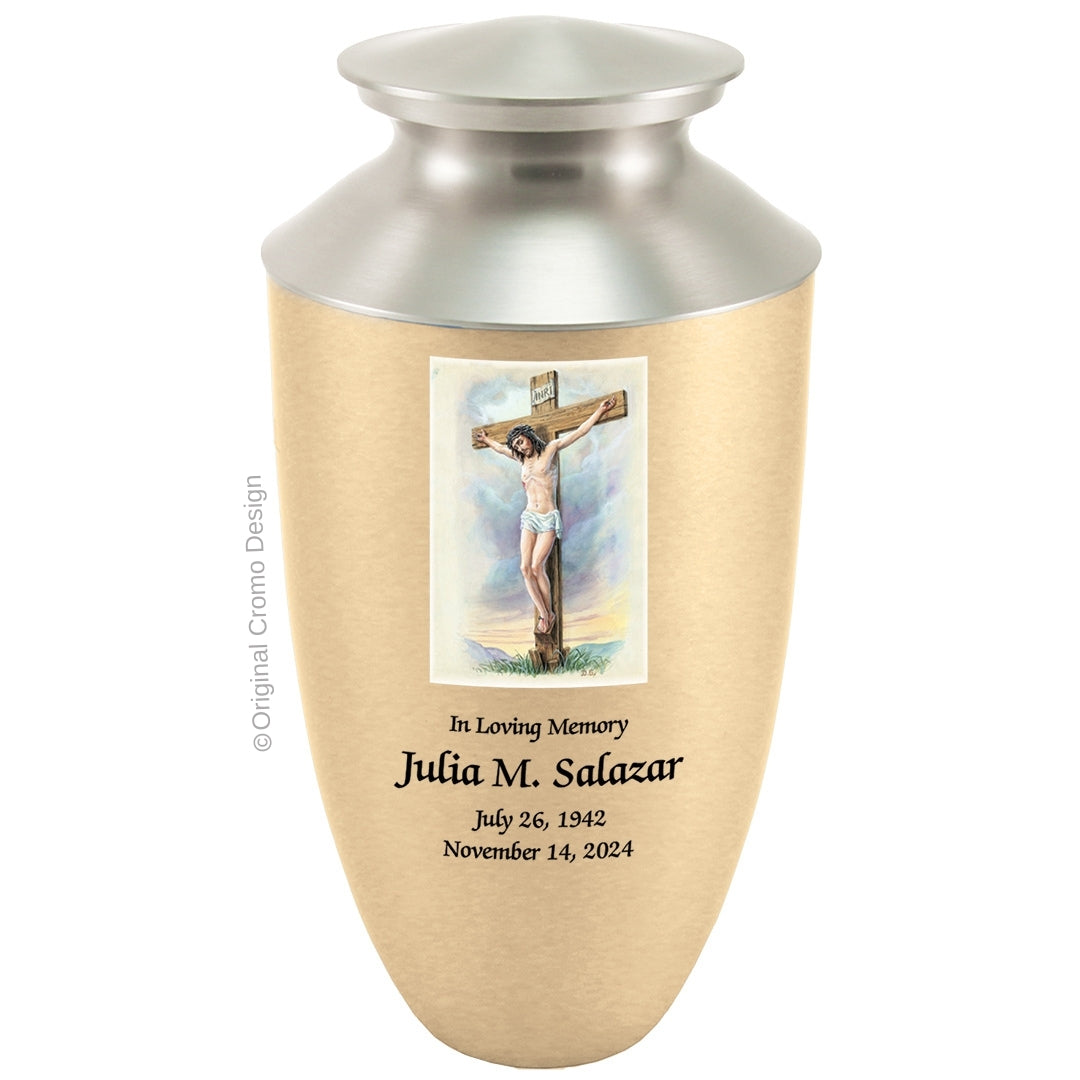 Catholic cremation urn with Crucifixion Wood finish by Cromo NB
