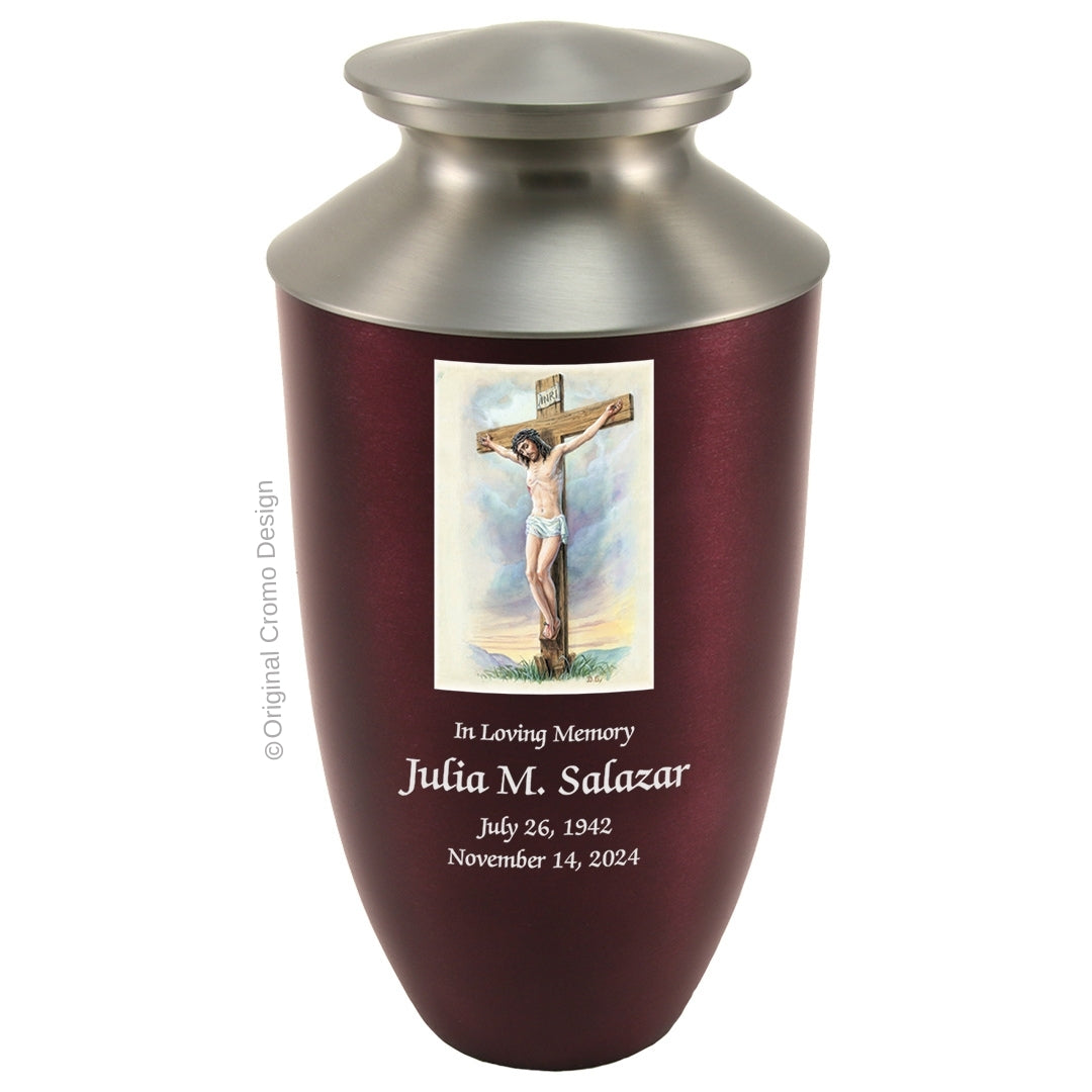 Catholic cremation urn with Crucifixion Wood finish by Cromo NB