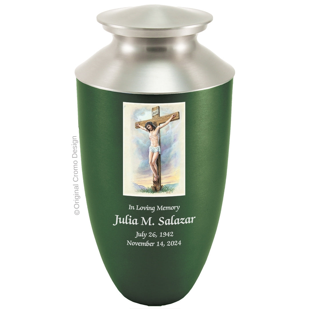 Catholic cremation urn with Crucifixion Wood finish by Cromo NB