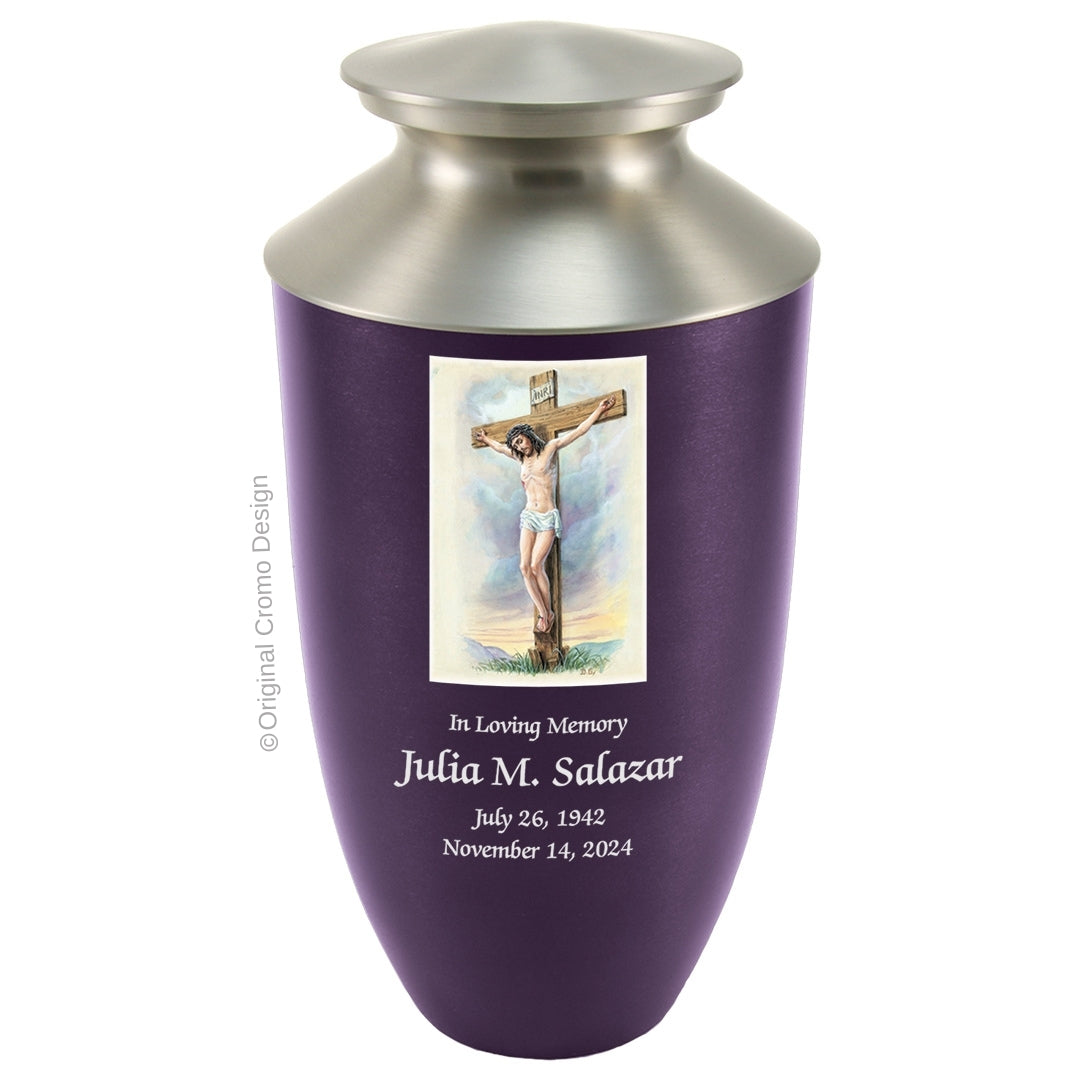 Catholic cremation urn with Crucifixion Wood finish by Cromo NB