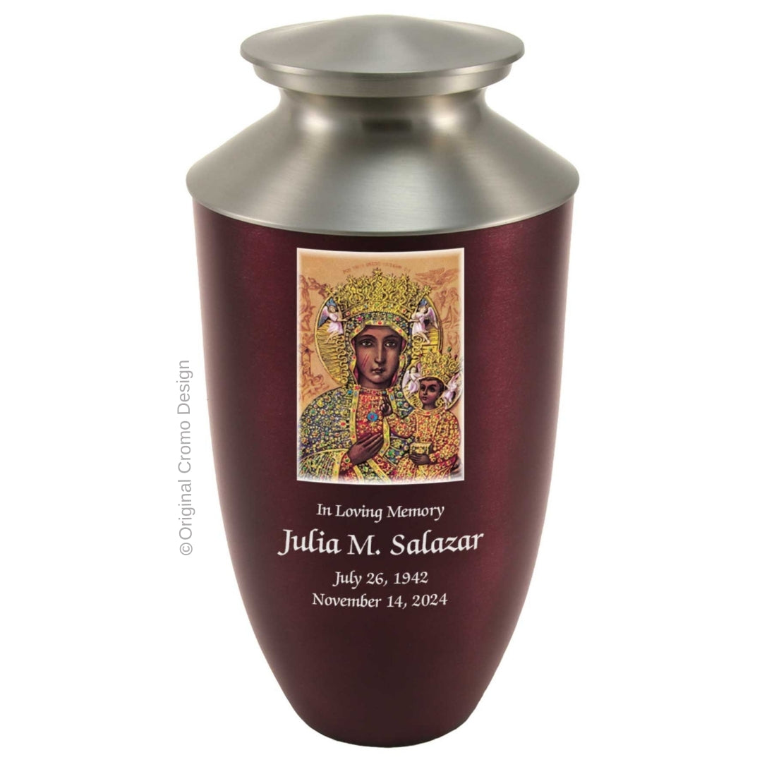 Catholic cremation urn with Our Lady of Czetechowa Wood finish by Cromo NB