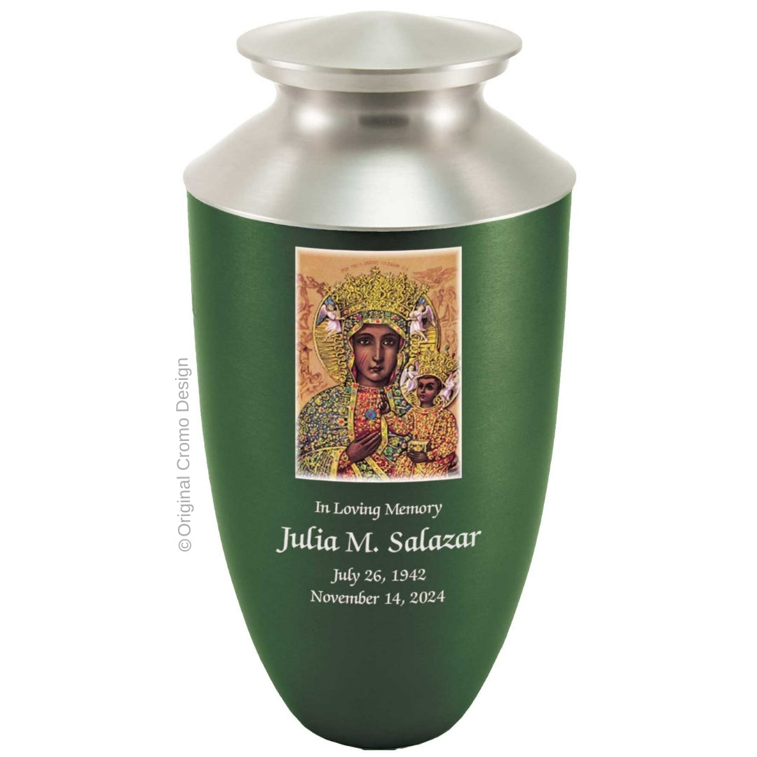 Catholic cremation urn with Our Lady of Czetechowa Wood finish by Cromo NB