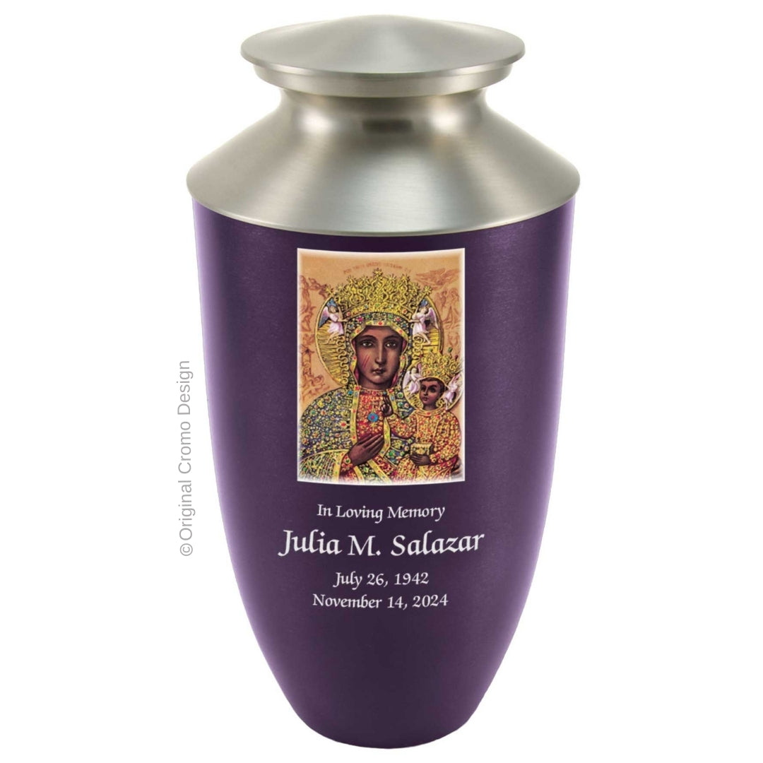 Catholic cremation urn with Our Lady of Czetechowa Wood finish by Cromo NB