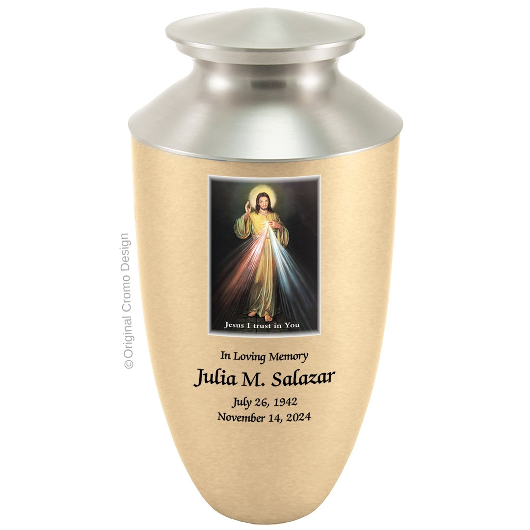 Catholic cremation urn with Divine Mercy English Wood finish by Cromo NB
