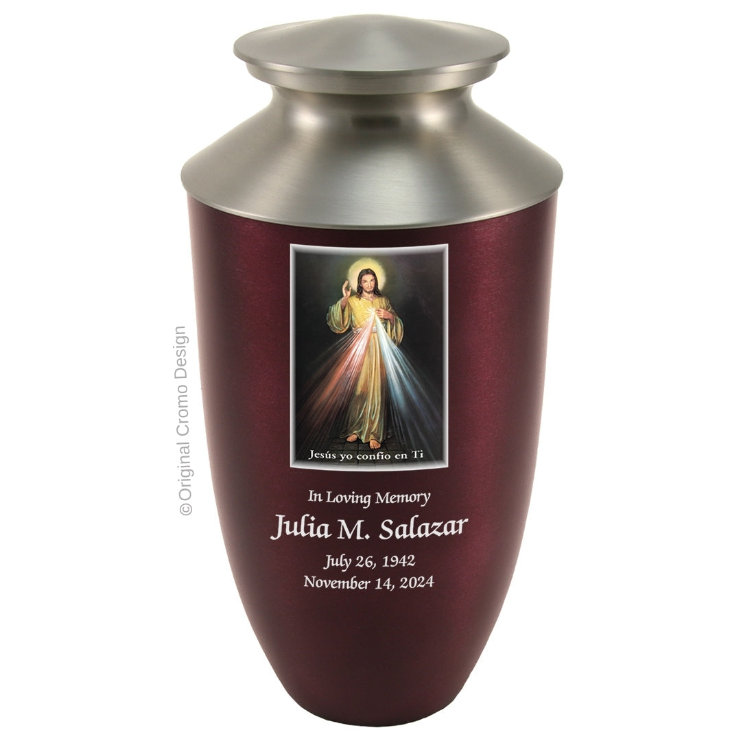 Catholic cremation urn with Divine Mercy Spanish Wood finish by Cromo NB