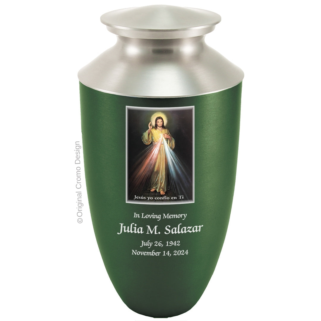 Catholic cremation urn with Divine Mercy Spanish Wood finish by Cromo NB