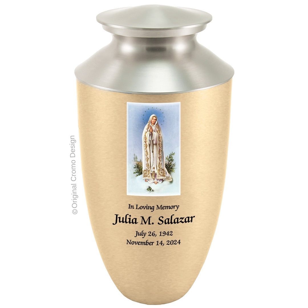 Catholic cremation urn with Our Lady of Fatima Wood finish by Cromo NB