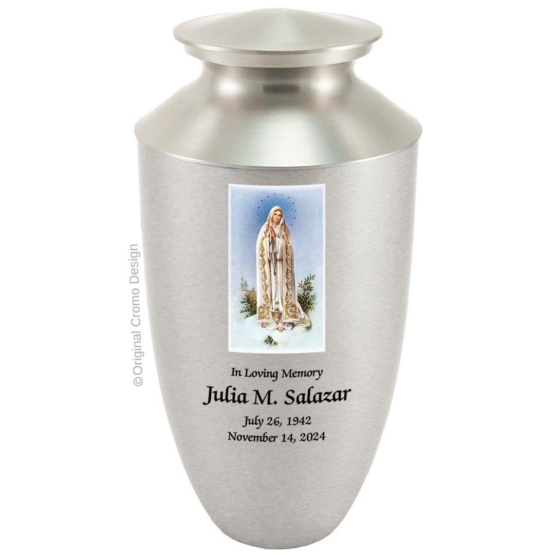 Catholic cremation urn with White Dove Wood finish by Cromo NB