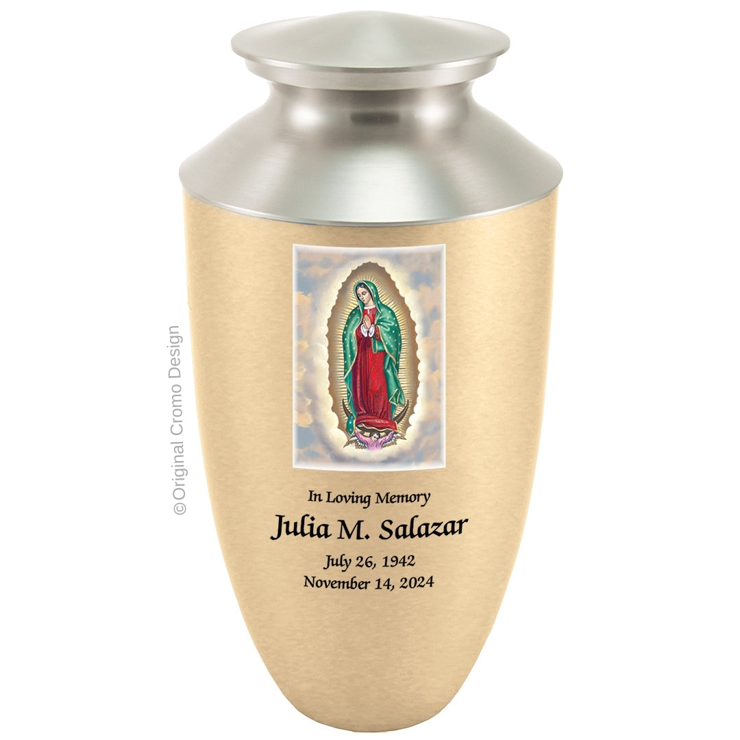 Catholic cremation urn with Our Lady of Guadalupe English Wood finish by Cromo NB