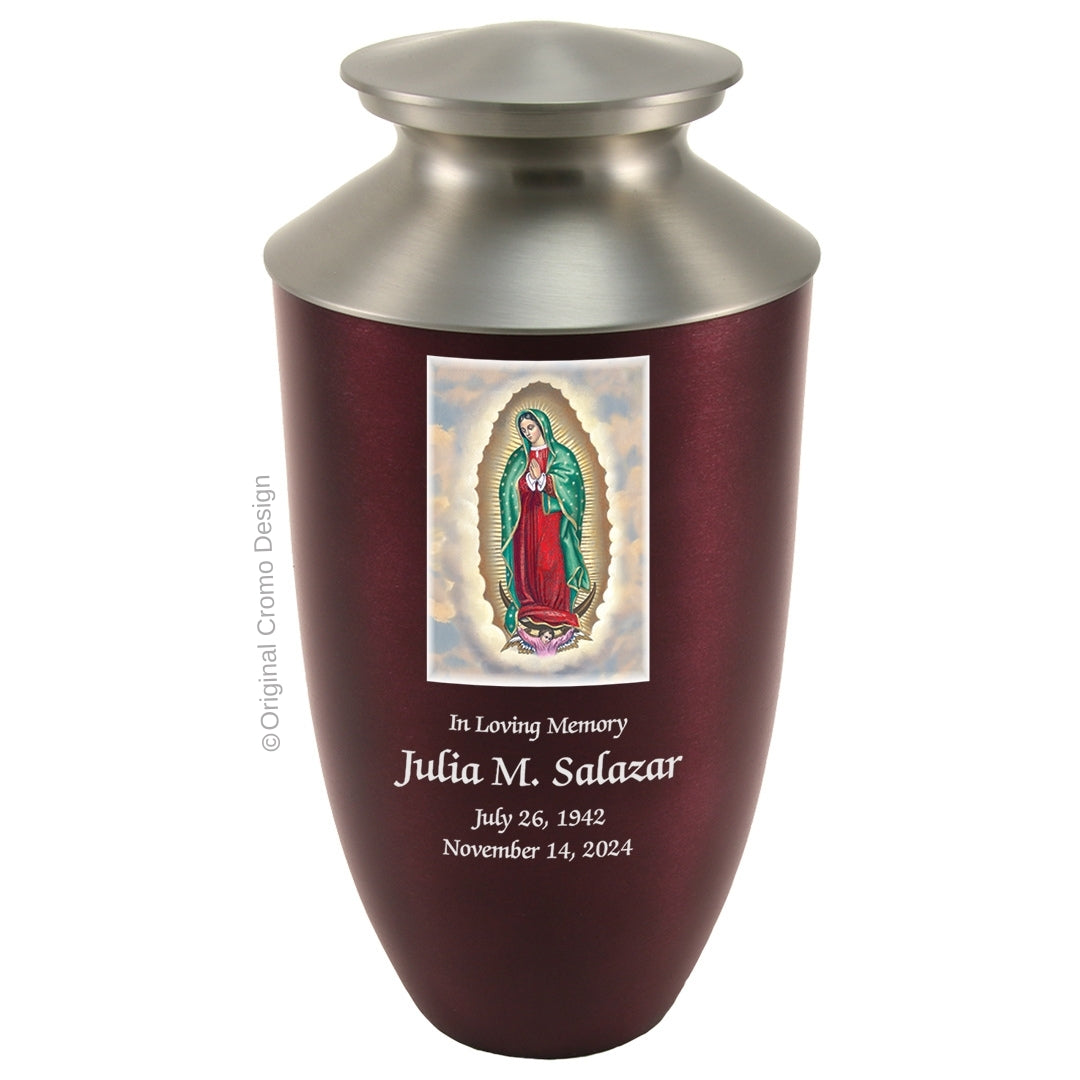 Catholic cremation urn with Our Lady of Guadalupe English Wood finish by Cromo NB