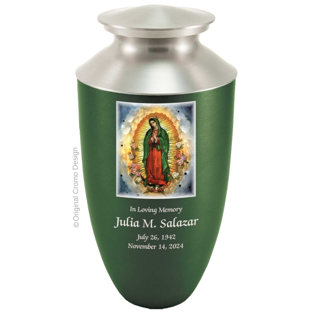Catholic cremation urn with Our Lady of Guadalupe Spanish Wood finish by Cromo NB