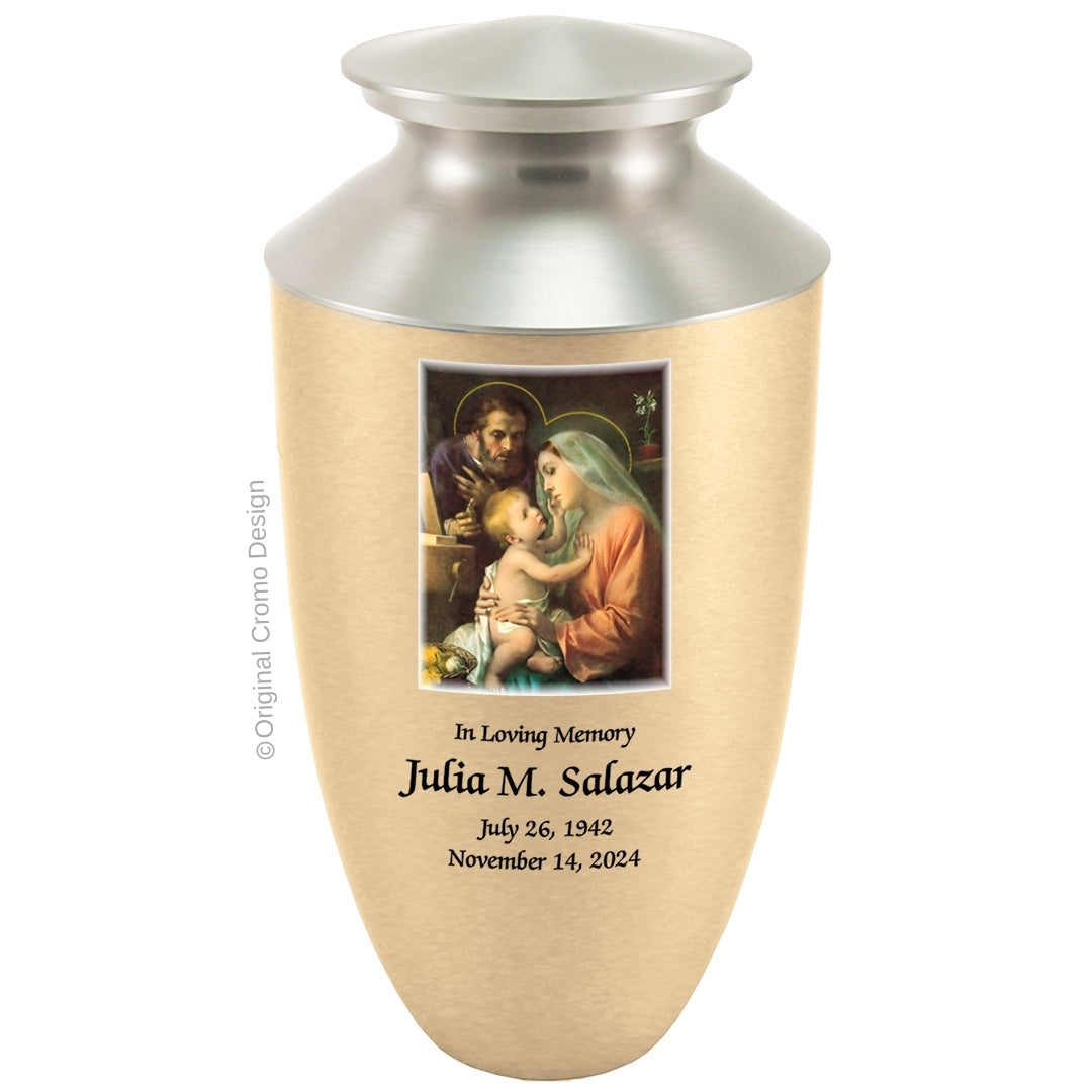 Catholic cremation urn with Holy Family Wood finish by Cromo NB