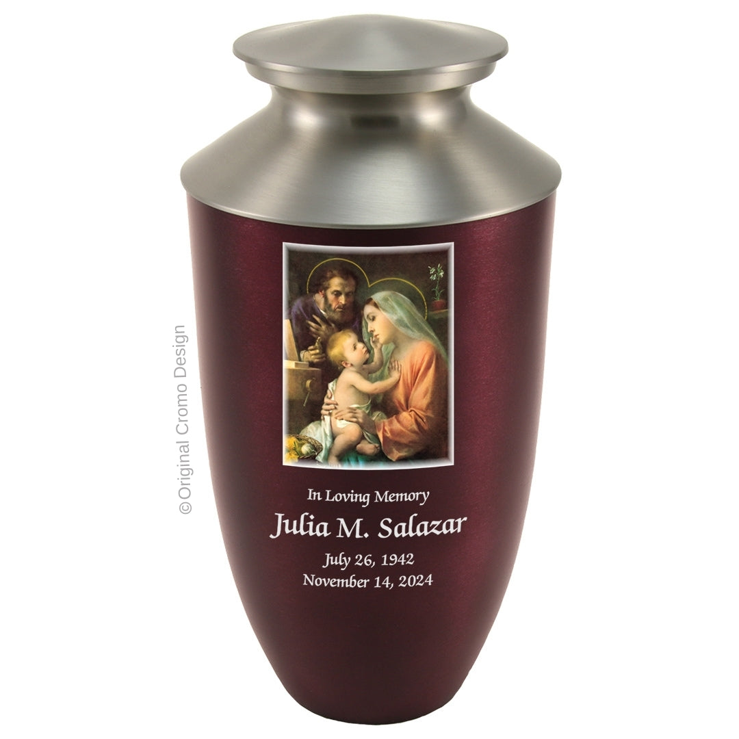Catholic cremation urn with Holy Family Wood finish by Cromo NB