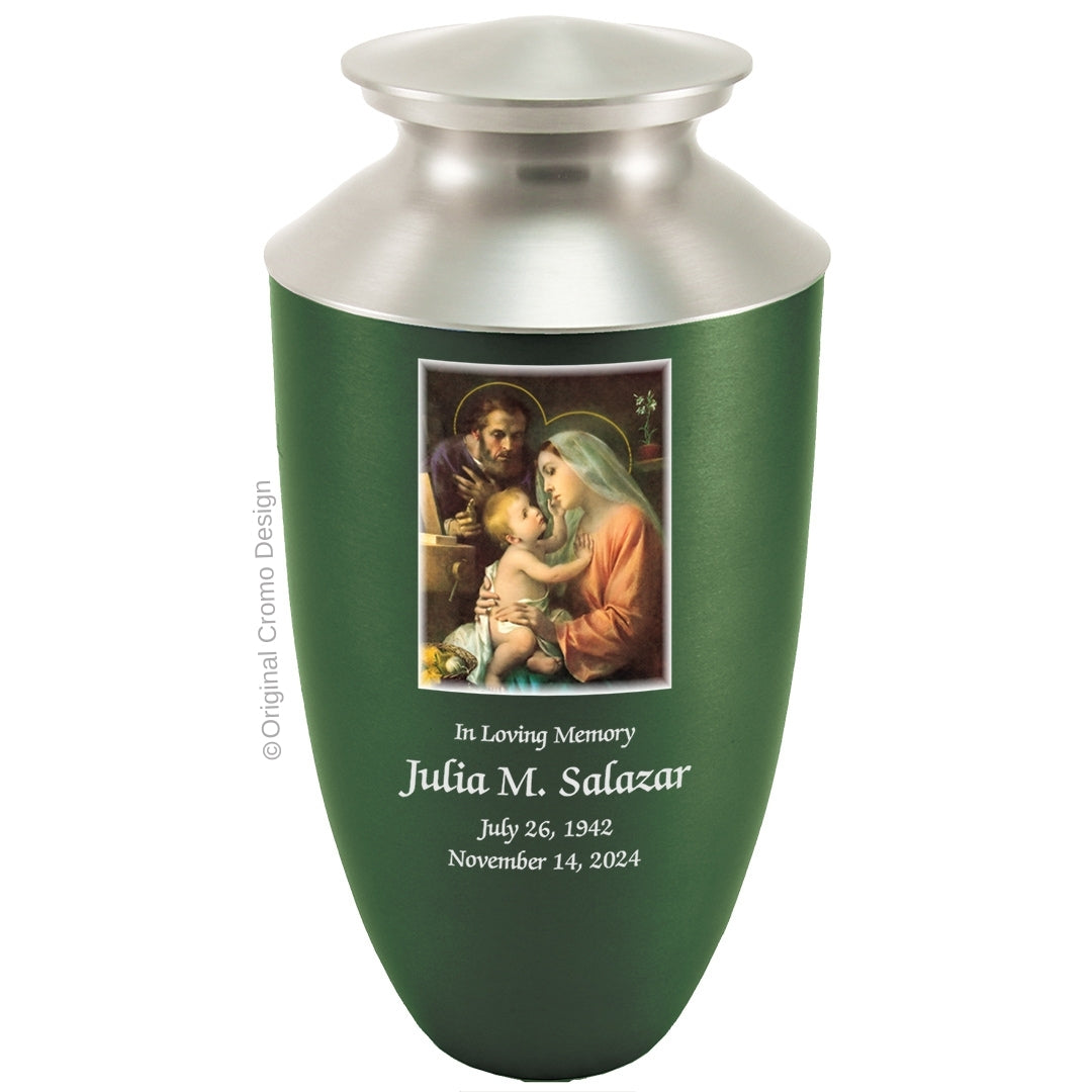 Catholic cremation urn with Holy Family Wood finish by Cromo NB