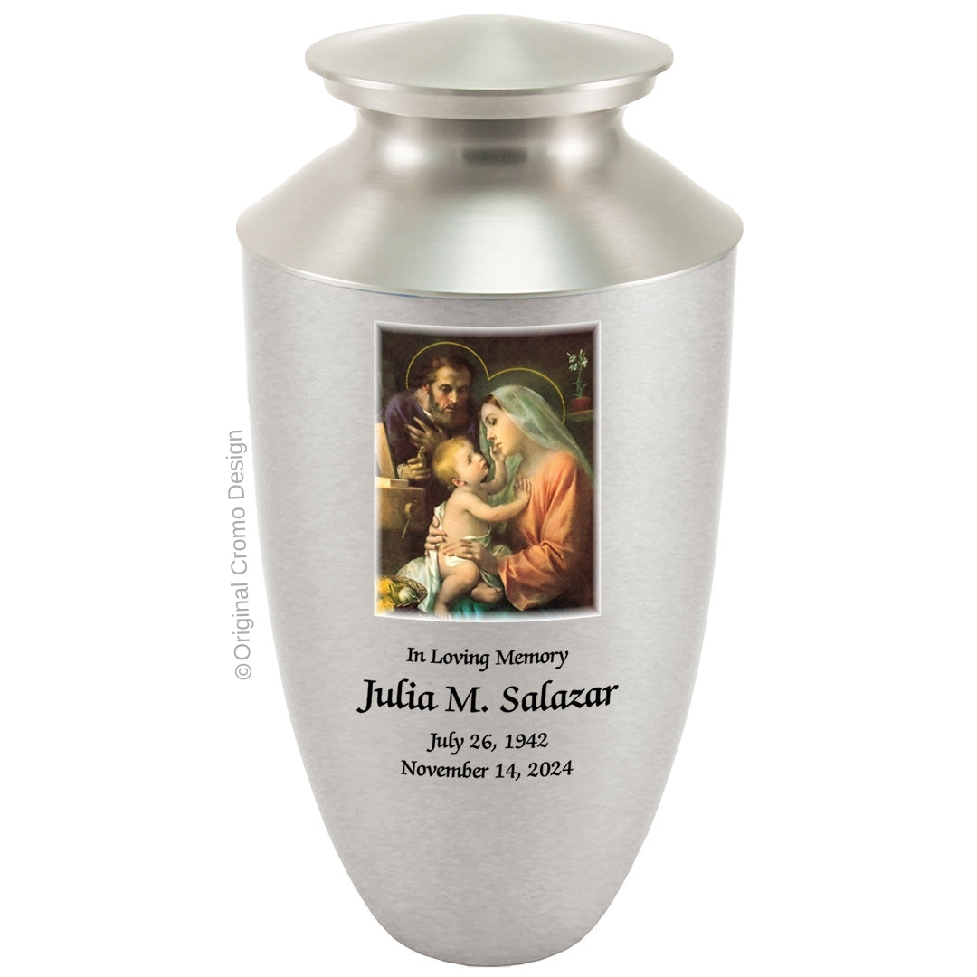 Catholic cremation urn with Our Lady of Guadalupe Spanish Wood finish by Cromo NB