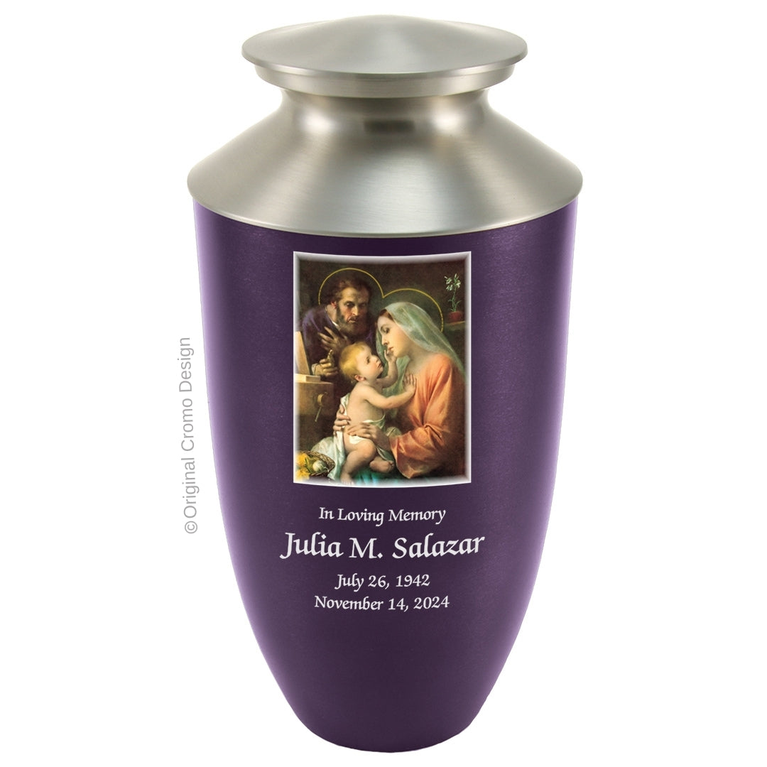 Catholic cremation urn with Holy Family Wood finish by Cromo NB