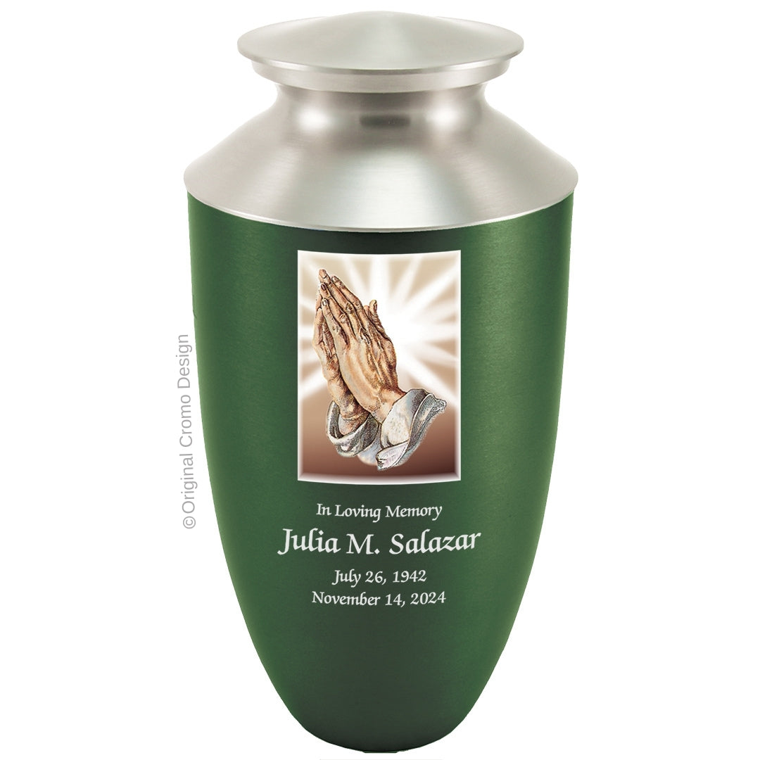Catholic cremation urn with Praying Hands Wood finish by Cromo NB