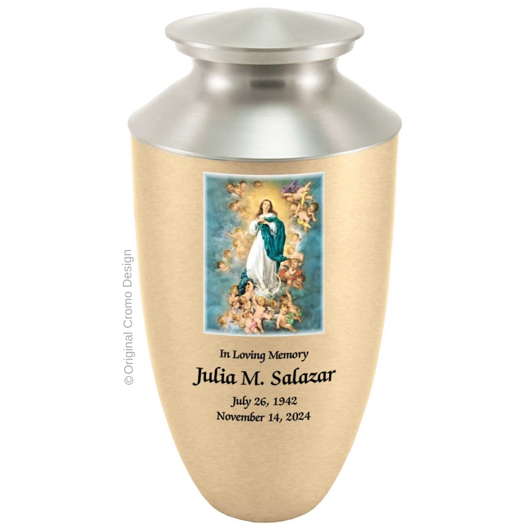 Catholic cremation urn with Immaculate Conception Wood finish by Cromo NB