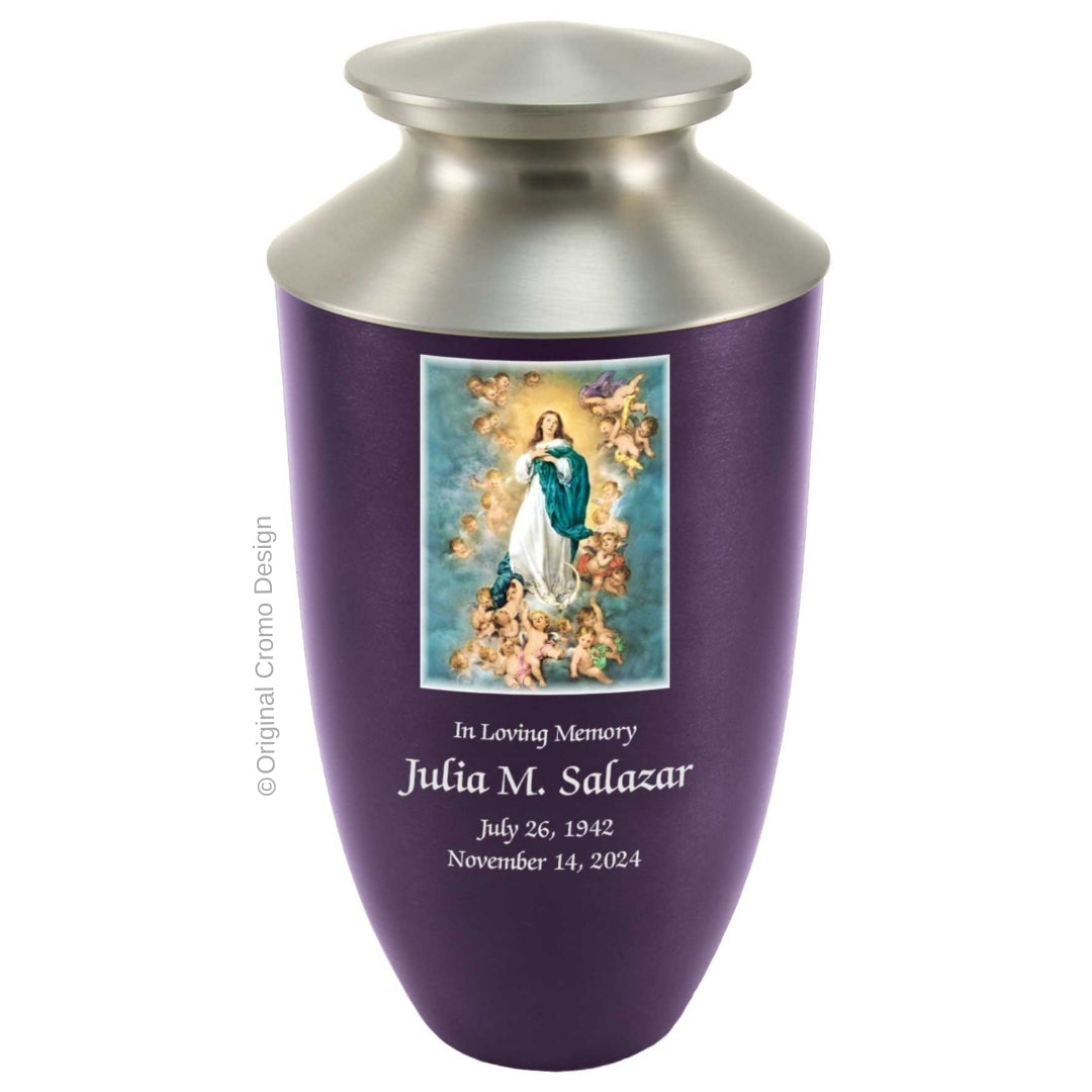 Catholic cremation urn with Immaculate Conception Wood finish by Cromo NB