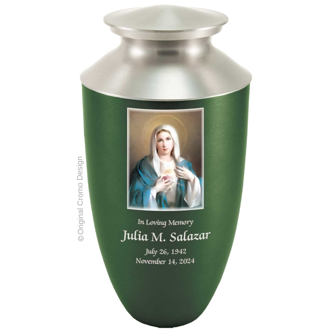 Catholic cremation urn with Immaculate Heart of Mary Wood finish by Cromo NB