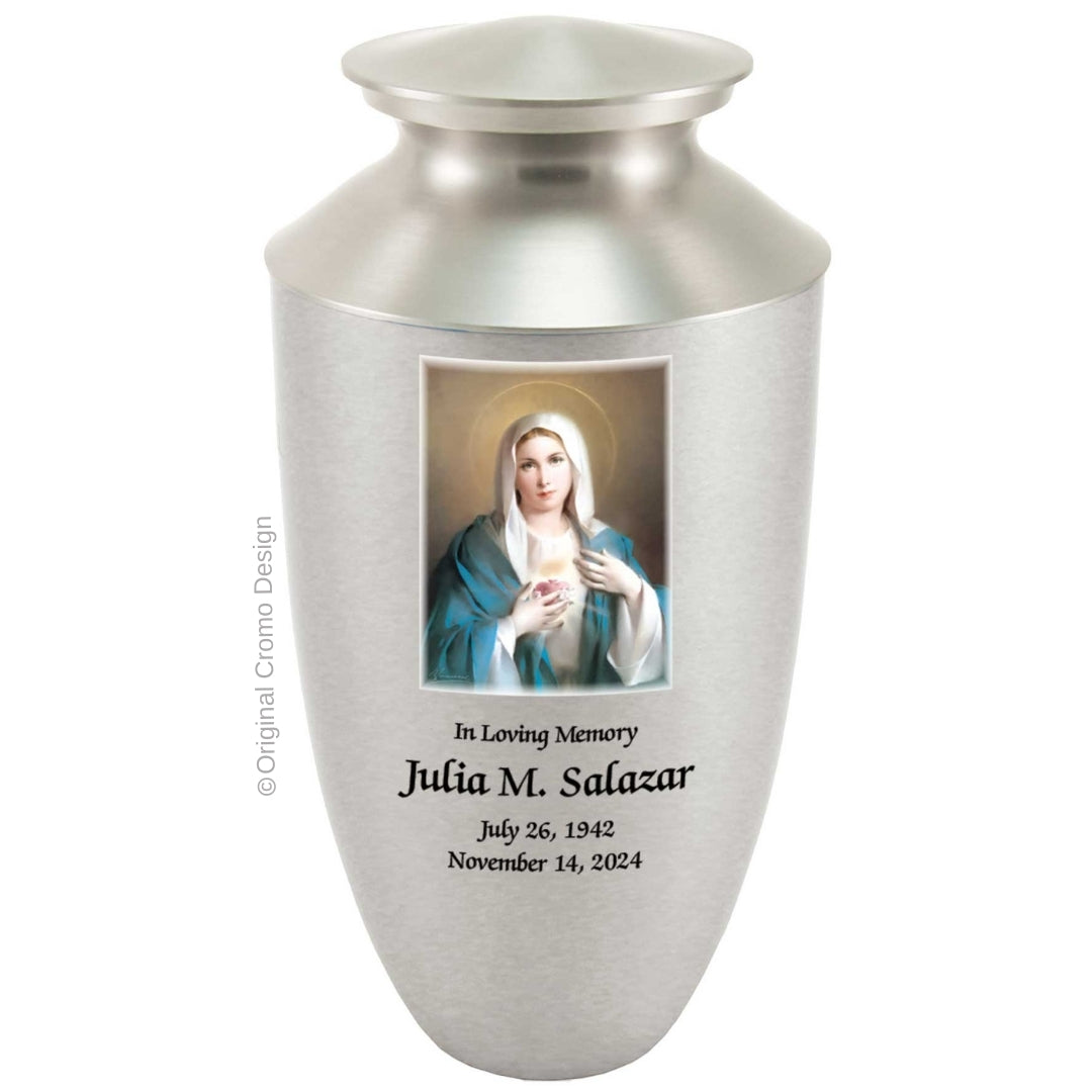 Catholic cremation urn with Immaculate Conception Wood finish by Cromo NB