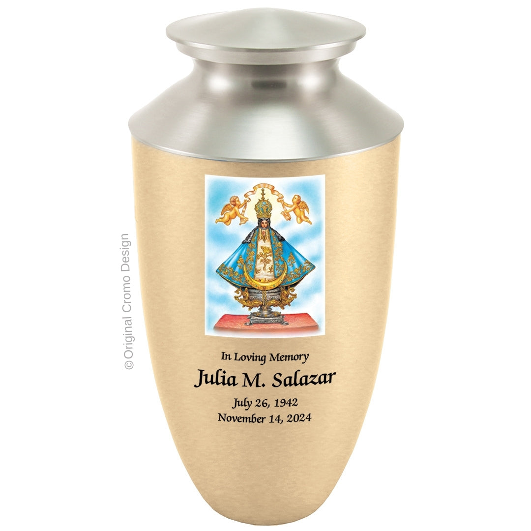 Catholic cremation urn with Our Lady of San Juan de Lagos Wood finish by Cromo NB