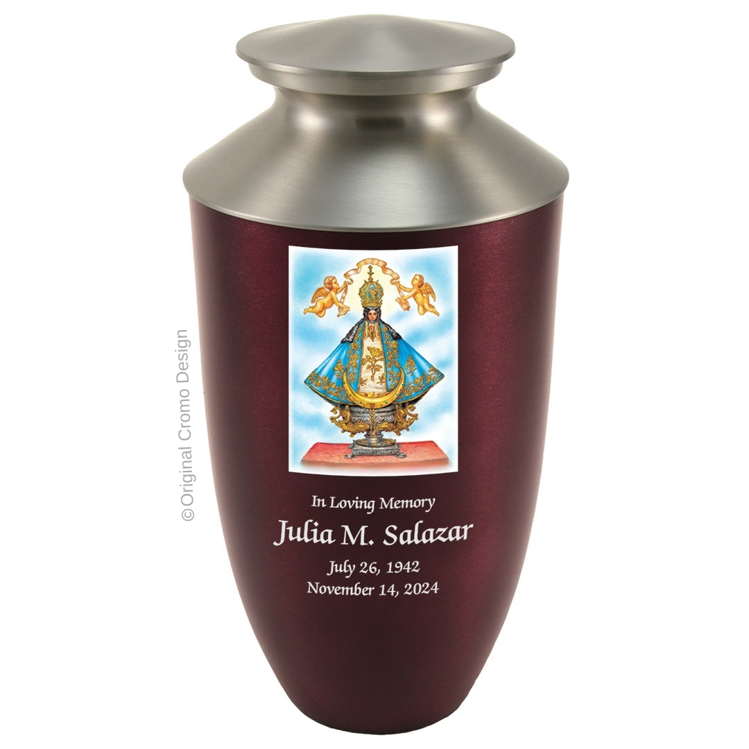 Catholic cremation urn with Our Lady of San Juan de Lagos Wood finish by Cromo NB