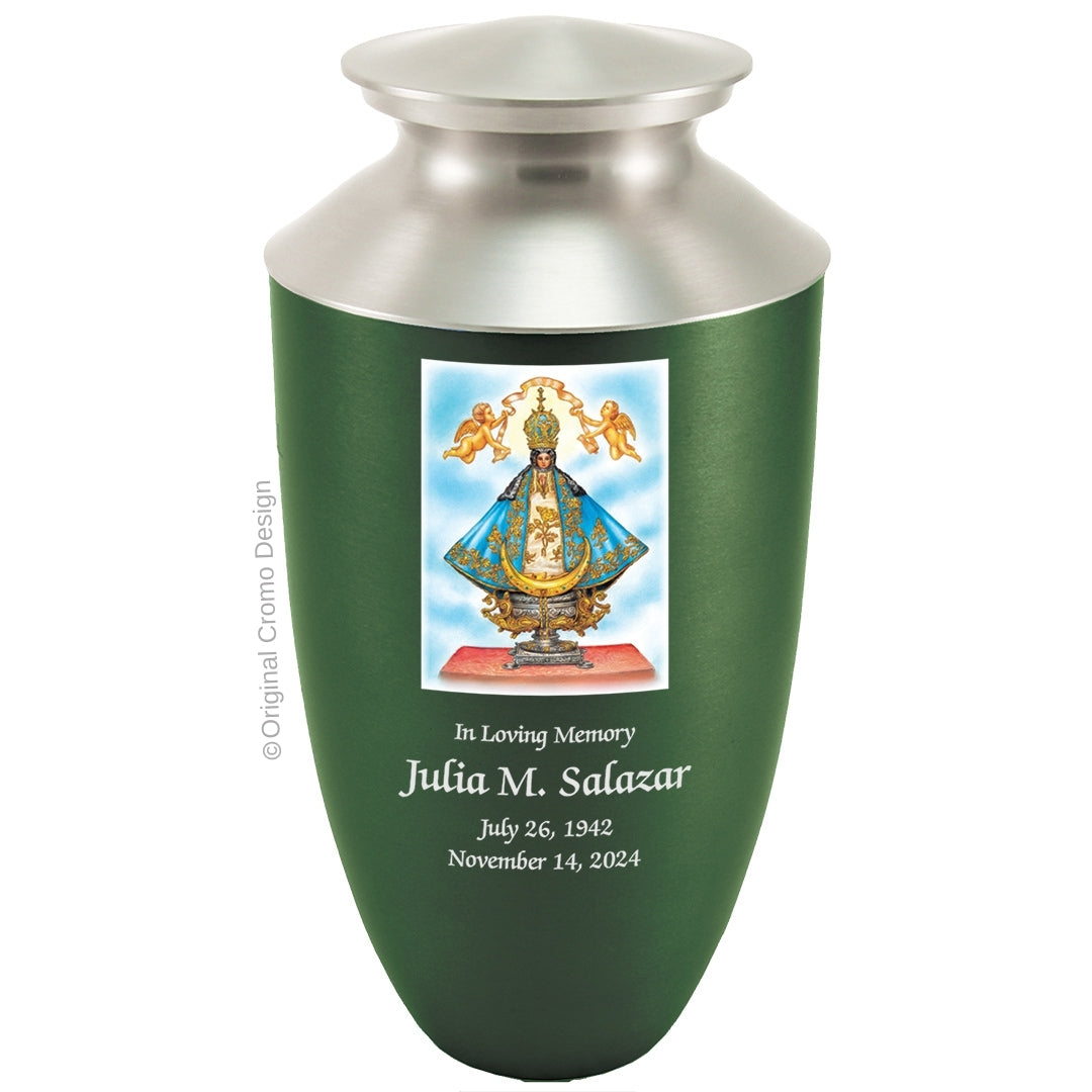 Catholic cremation urn with Our Lady of San Juan de Lagos Wood finish by Cromo NB
