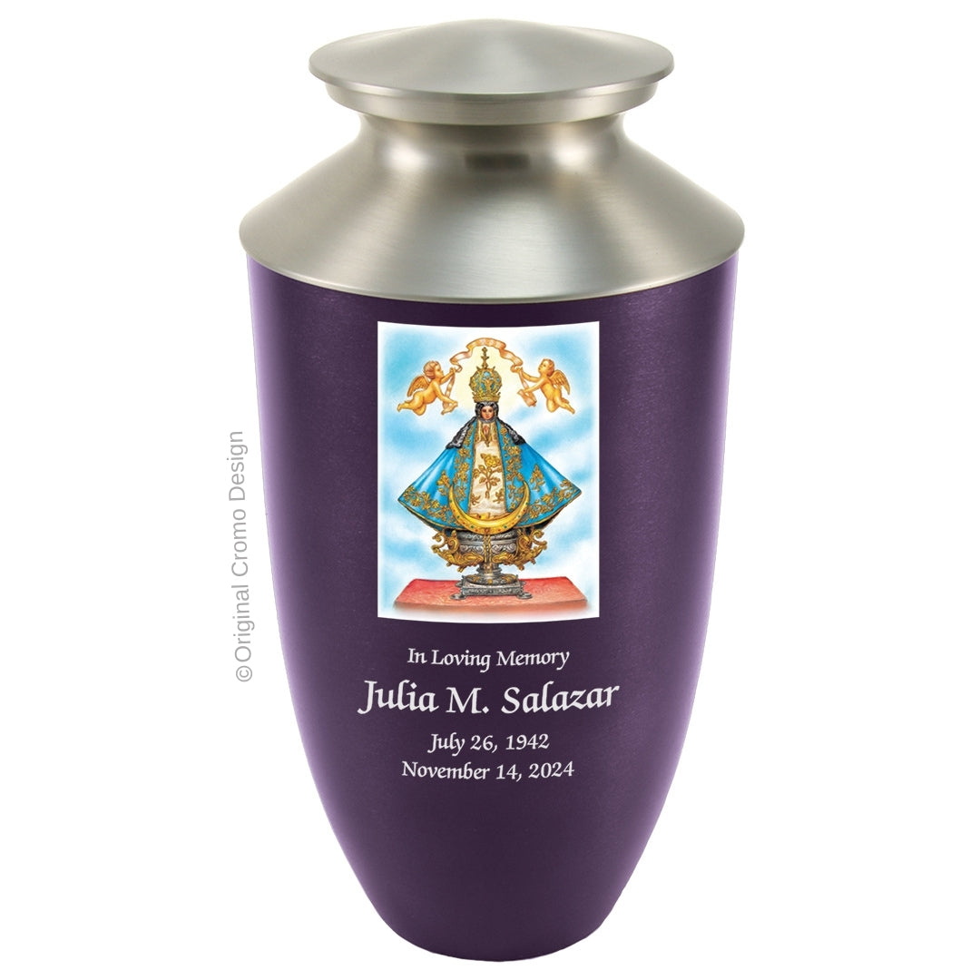 Catholic cremation urn with Our Lady of San Juan de Lagos Wood finish by Cromo NB