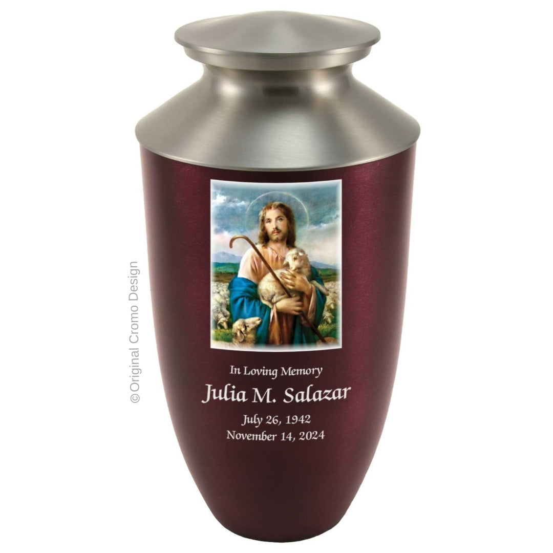 Catholic cremation urn with Jesus Shepherd Wood finish by Cromo NB