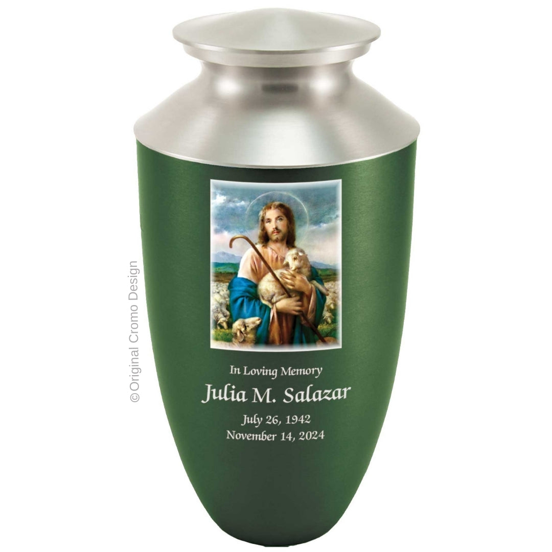 Catholic cremation urn with Jesus Shepherd Wood finish by Cromo NB