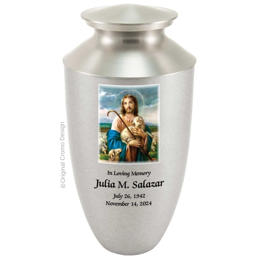 Catholic cremation urn with Jesus Praying Wood finish by Cromo NB