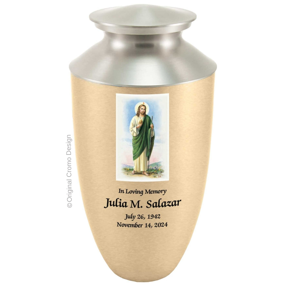 Catholic cremation urn with Saint Jude Wood finish by Cromo NB