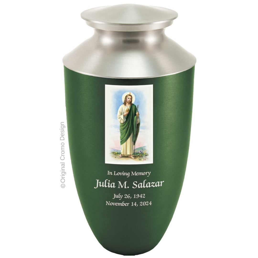Catholic cremation urn with Saint Jude Wood finish by Cromo NB